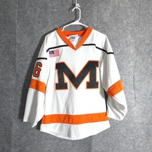 Athletic Knit Hockey Jersey Mens Small White Orange M Logo USA Flag Adult Sports